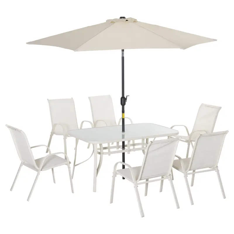 8 Pieces Outdoor Patio Dining Set With Umbrella, 6 Sling Chairs And Table, Cream White 1