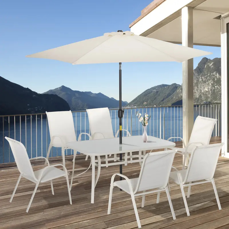 8 Pieces Outdoor Patio Dining Set With Umbrella, 6 Sling Chairs And Table, Cream White 2