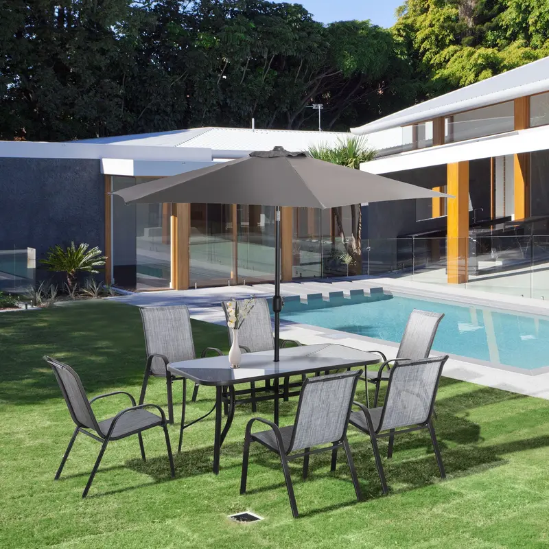 8 Pieces Patio Dining Set With Umbrella, Aluminum Frame Outdoor Table & 6 , Grey 1