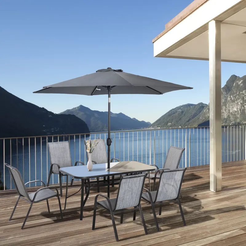 8 Pieces Patio Dining Set With Umbrella, Aluminum Frame Outdoor Table & 6 , Grey 2