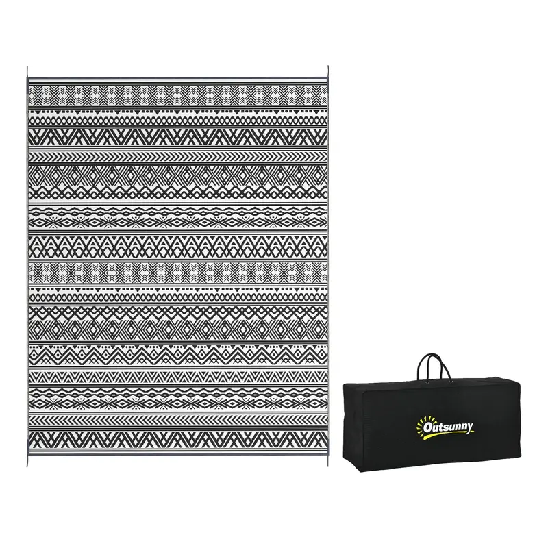 8' X 10' Reversible Mat W/ Carry Bag, Boho Waterproof Rv Rug For Backyard, Grey & White 1
