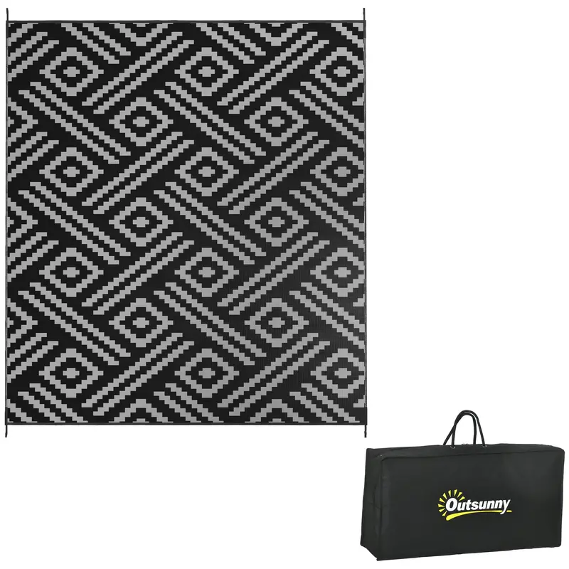8' X 10' Reversible Mat W/ Carry Bag, Geometric Waterproof Rv Rug For Backyard, Black & Grey 1