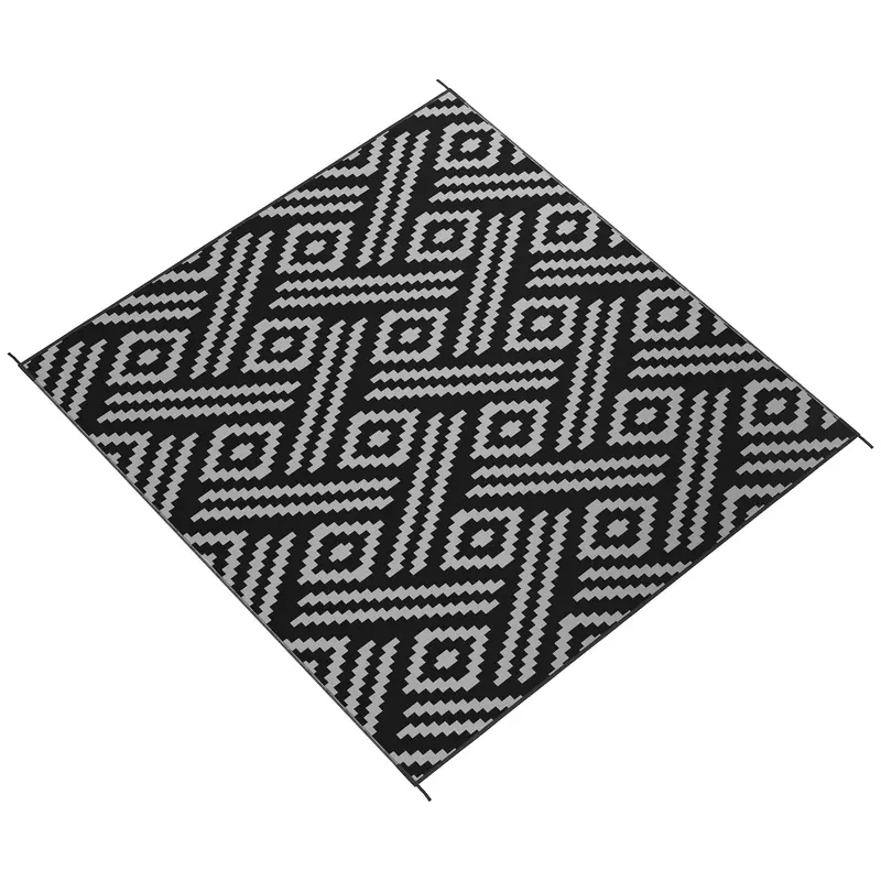 8' X 10' Reversible Mat W/ Carry Bag, Geometric Waterproof Rv Rug For Backyard, Black & Grey 2