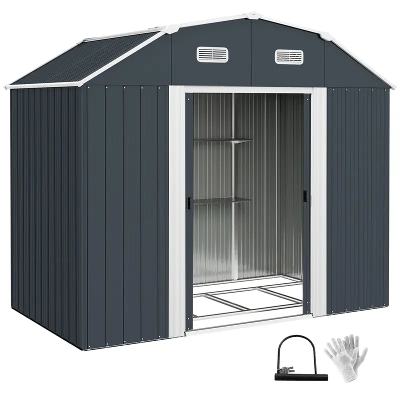 8' X 4' Galvanized Garden Shed With Adjustable Shelves, Foundation Kit, Dark Grey 1