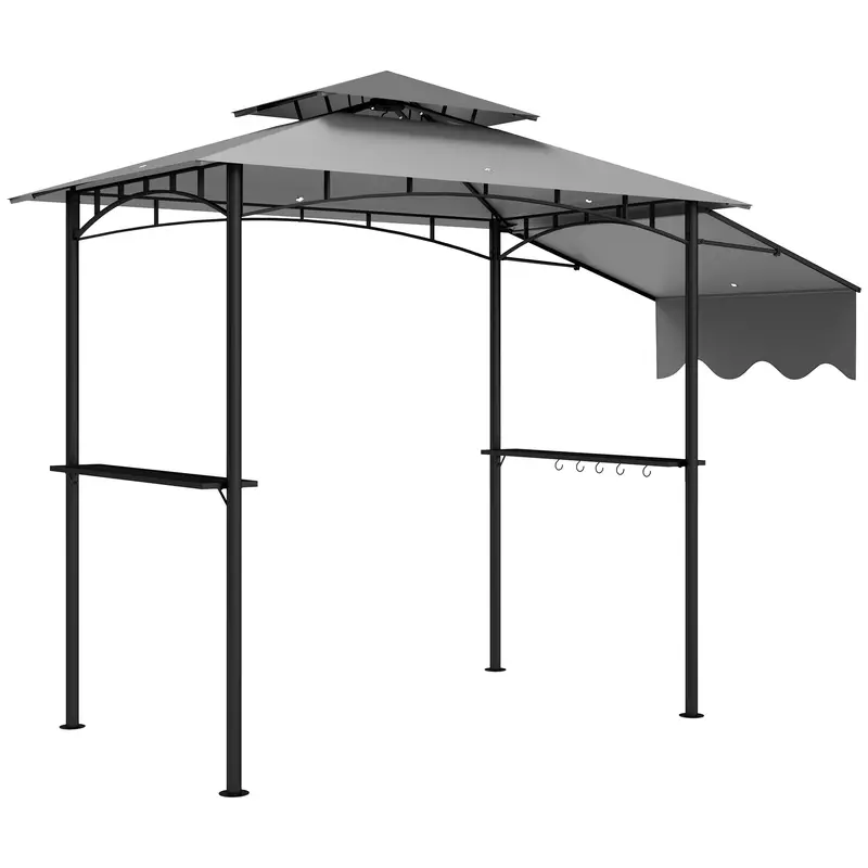 8' X 5' Double-Tiered Bbq Gazebo With Side Shelves And 6 Hooks, Light Grey 1
