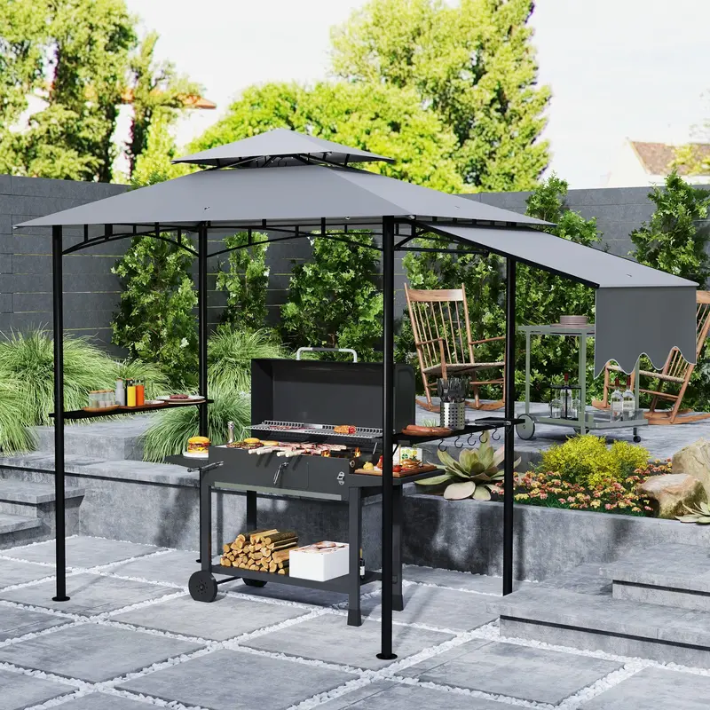 8' X 5' Double-Tiered Bbq Gazebo With Side Shelves And 6 Hooks, Light Grey 2