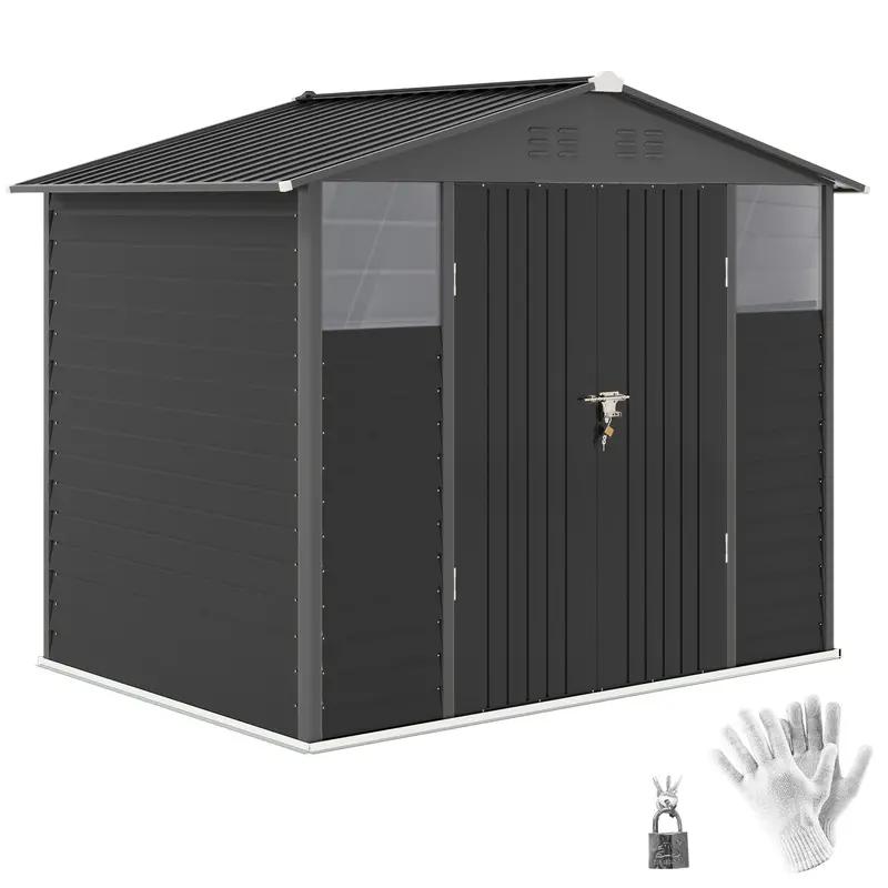 8' X 6' Galvanized Metal Garden Shed With 2 Windows, 4 Vents And Lockable Doors, Dark Grey 1