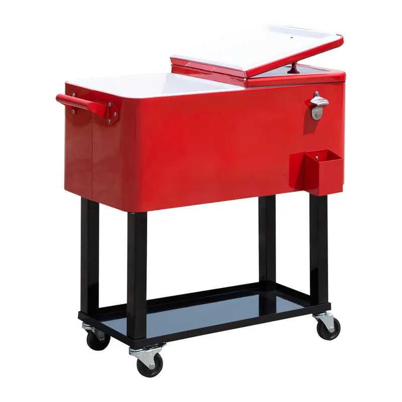 80 Quart Rolling Cooler With Bottle Opener And Storage Shelf,Red 1