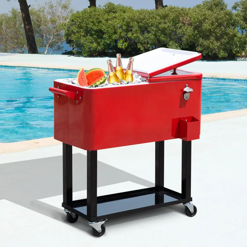 80 Quart Rolling Cooler With Bottle Opener And Storage Shelf,Red 2