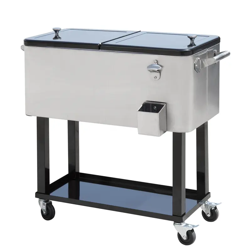 80 Quart Rolling Cooler With Bottle Opener And Storage Shelf,Silver 1