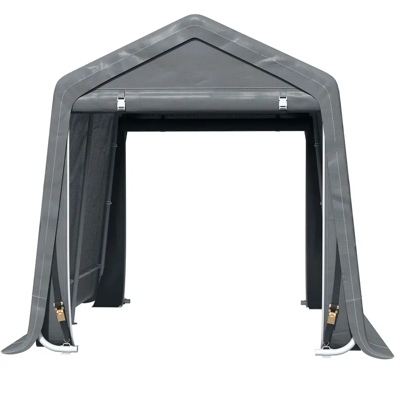 9.2' X 7.9' Garden Storage Tent, Heavy Duty Bike Shed, Patio Storage Shelter W/ Metal Frame And Double Zipper Doors, Dark Grey 2