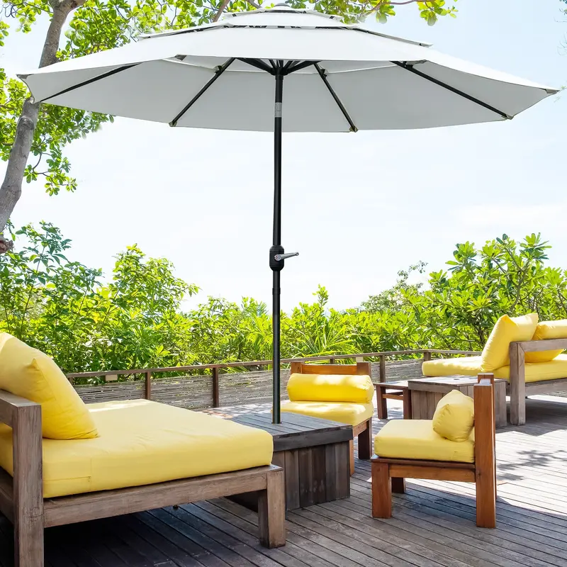 9' 3-Tier Market Umbrella With Push-Button Tilt & Crank, Cream White 2