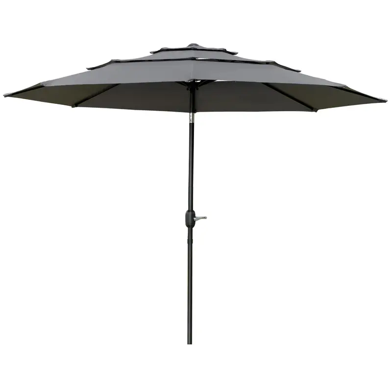 9' 3-Tier Market Umbrella With Push-Button Tilt & Crank, Light Grey 2