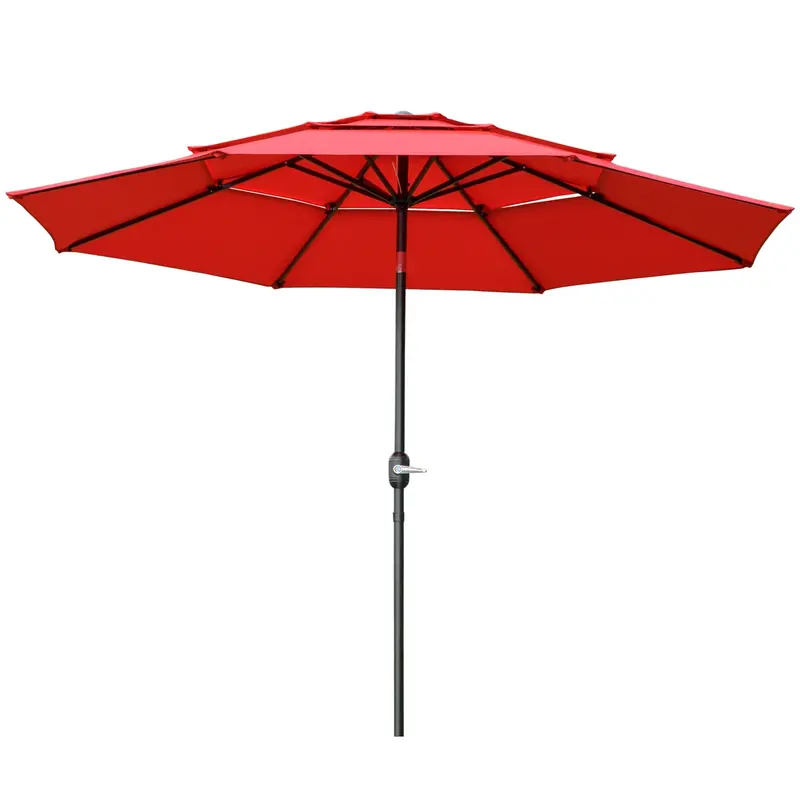 9' 3-Tier Market Umbrella With Push-Button Tilt & Crank, Red 1