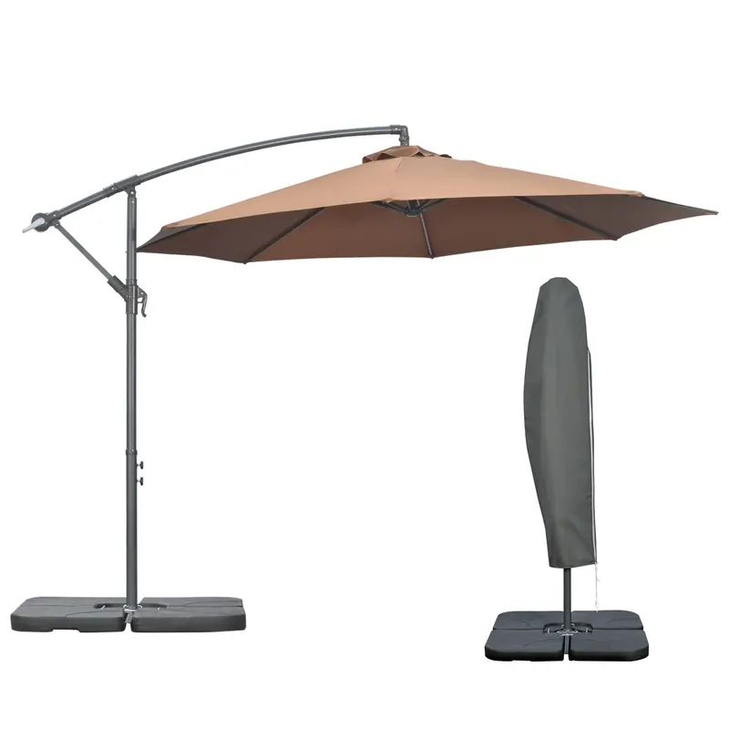 9.6' Offset Cantilever Patio Umbrella With Base & Crank, Coffee 1