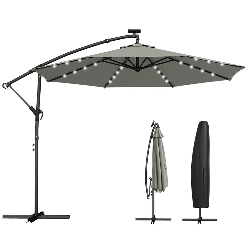 9.7 Ft Cantilever Patio Umbrella With Solar Led Light And Cover, Grey 1