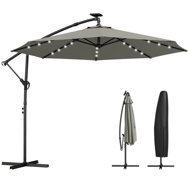 9.7 Ft Cantilever Patio Umbrella With Solar Led Light And Cover, Grey 2
