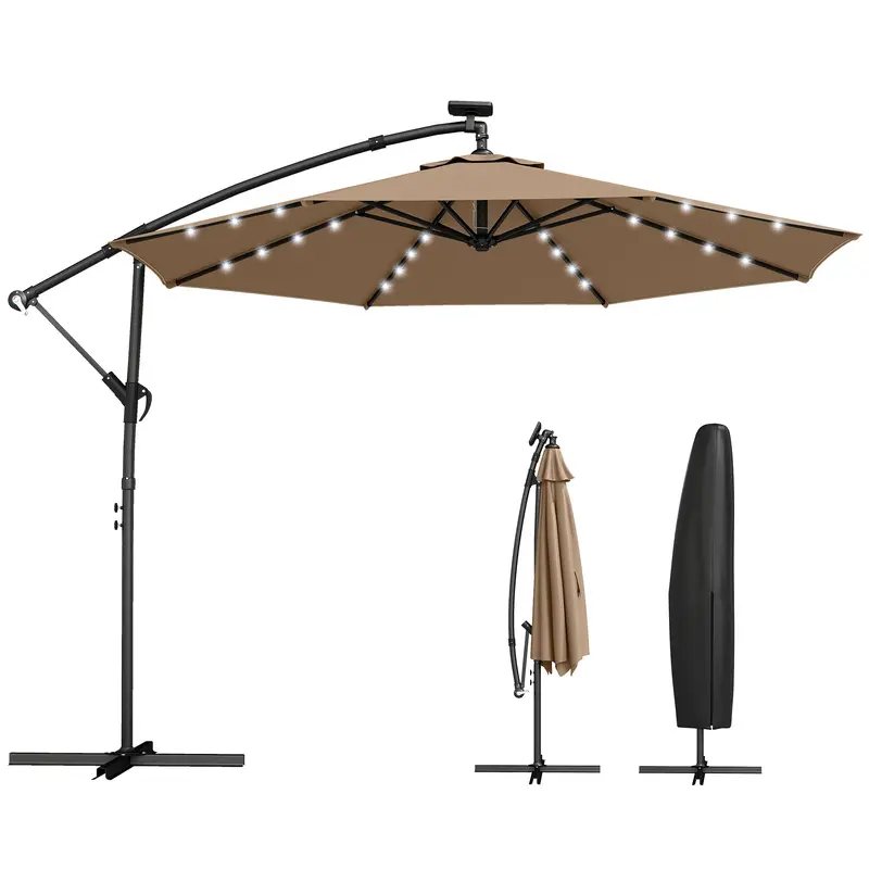 9.7 Ft Cantilever Patio Umbrella With Solar Led Light And Cover, Khaki 1