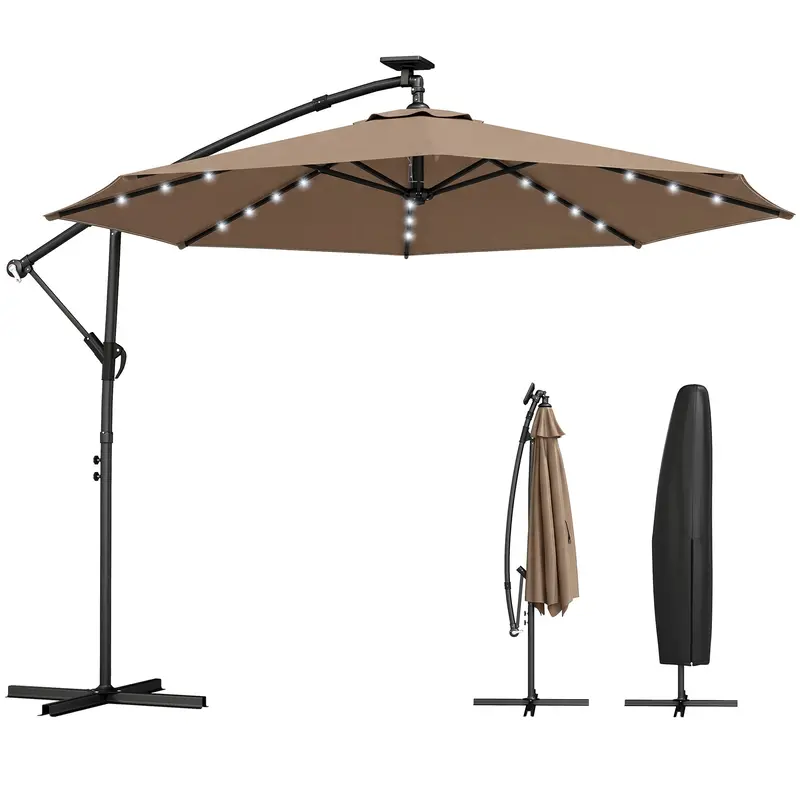 9.7 Ft Cantilever Patio Umbrella With Solar Led Light And Cover, Khaki 2