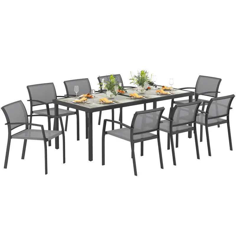 9 Pieces Patio Dining Set With Easy Clean Tabletop, 8 Stackable Chairs, For Garden, Grey 1