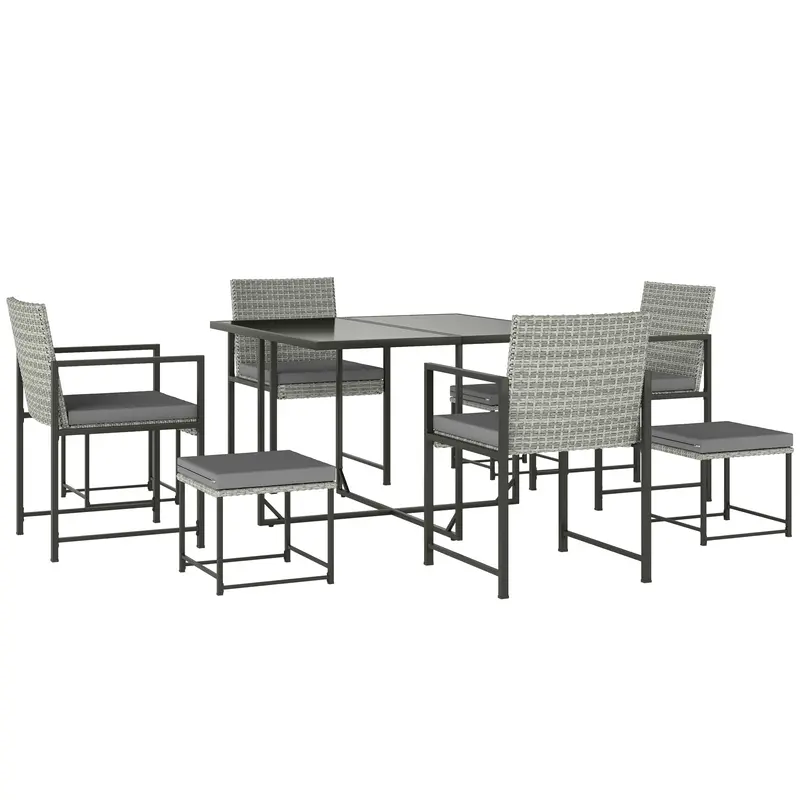 9 Pieces Wicker Patio Dining Set With 4 Armchairs, 4 Stools & Spacious Table, Light Grey 1