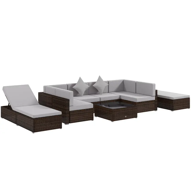 9 Pieces Wicker Patio Set, Sectional Sofa Set With 2 Sun Loungers & Center Table, Light Grey 1