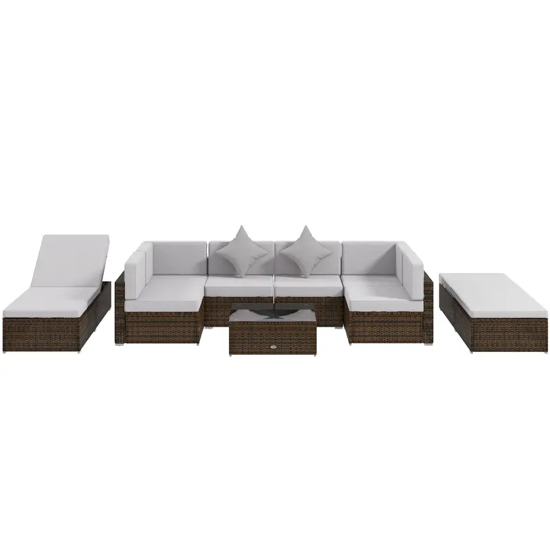 9 Pieces Wicker Patio Set, Sectional Sofa Set With 2 Sun Loungers & Center Table, Light Grey 2
