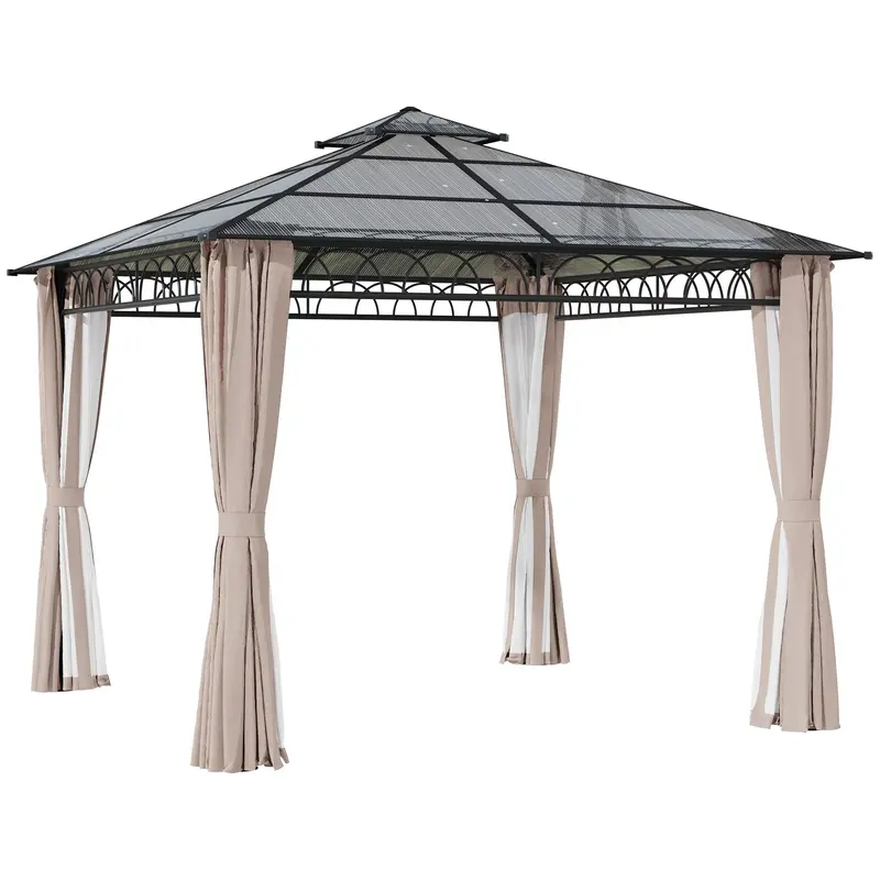 9' X 10' Outdoor Gazebo Canopy With Polycarbonate Roof, Nettings And Curtains, Khaki 1