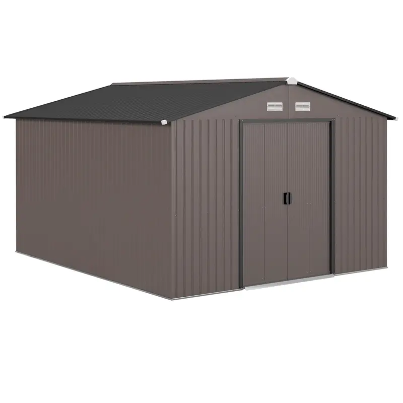 9' X 11' Metal Garden Storage Shed With Foundation Kit & Double Doors, Brown 1