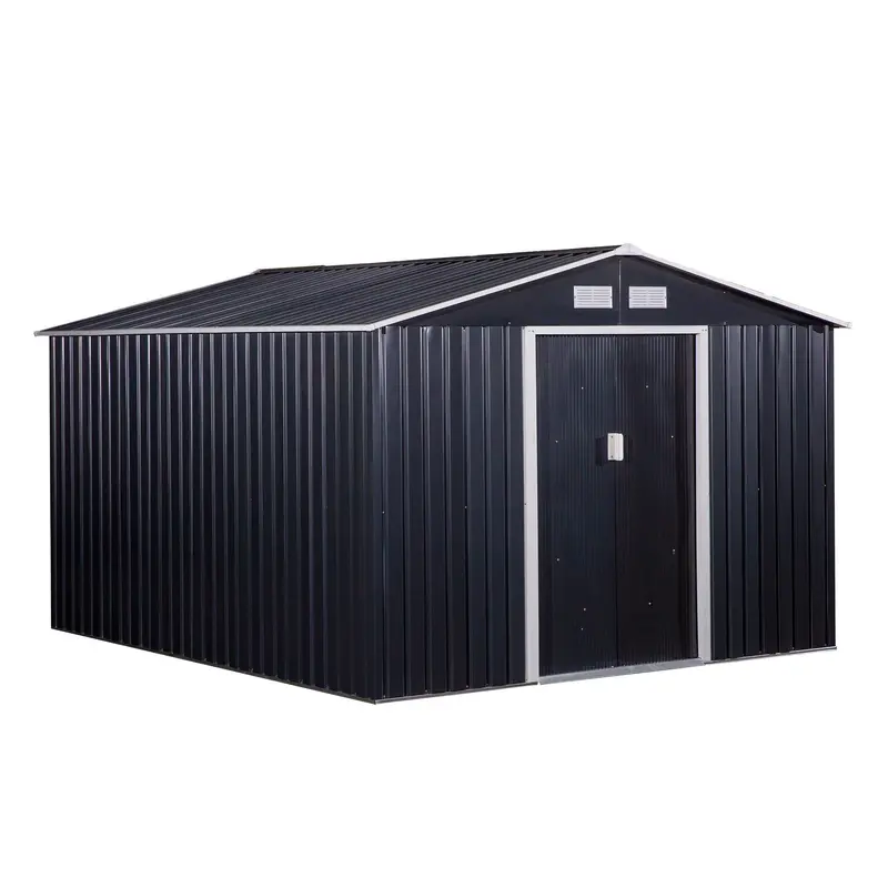 9' X 11' Metal Garden Storage Shed With Foundation Kit & Double Doors, Dark Grey 1