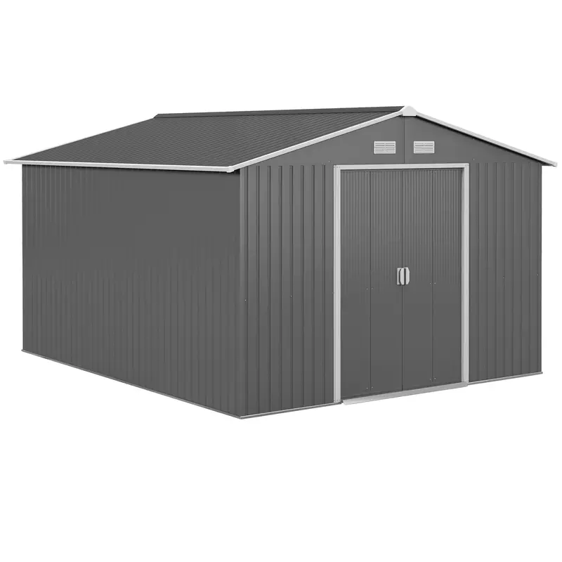 9' X 11' Metal Garden Storage Shed With Foundation Kit & Double Doors, Light Grey 1