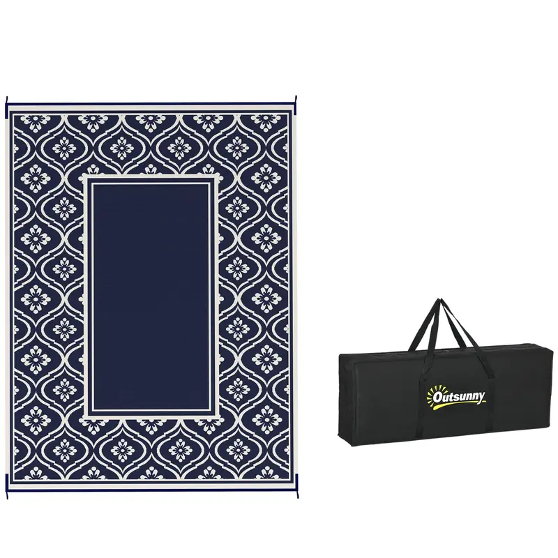 9' X 12' Patio Reversible Outdoor Rv Rug With Carry Bag, Gourd Border, White & Blue 1