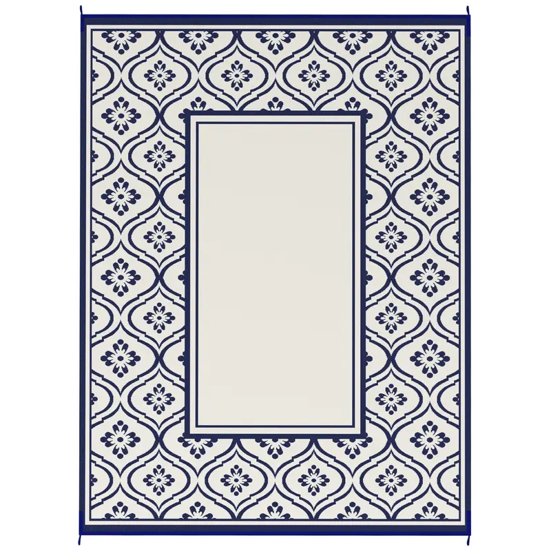 9' X 12' Patio Reversible Outdoor Rv Rug With Carry Bag, Gourd Border, White & Blue 2
