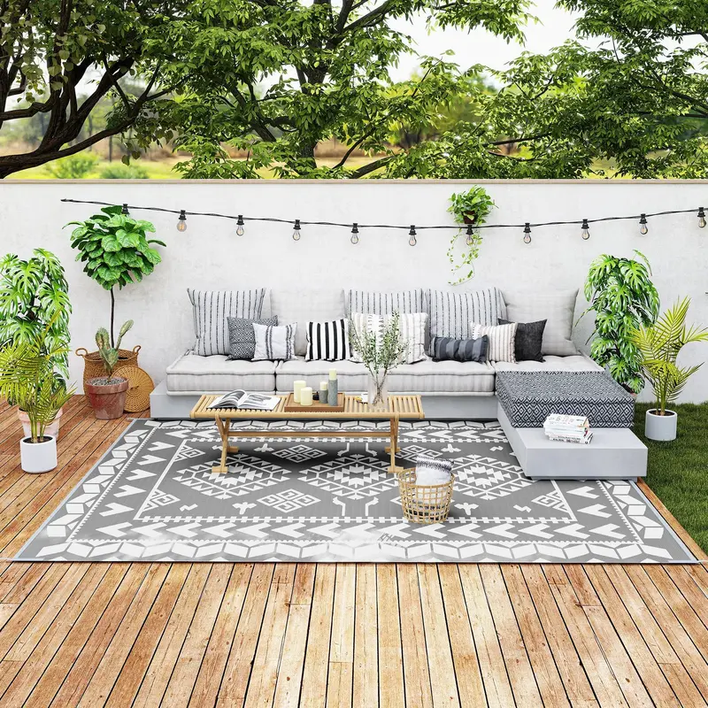 9' X 12'  Patio Reversible Outdoor Rv Rug With Carry Bag, Rhombus Patchwork, White & Grey 1