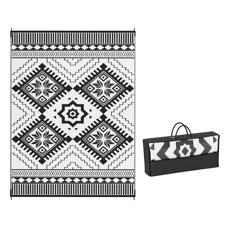 9' X 12' Patio Reversible Outdoor Rv Rug With Carry Bag, Toothed Rhombus, White & Black 1