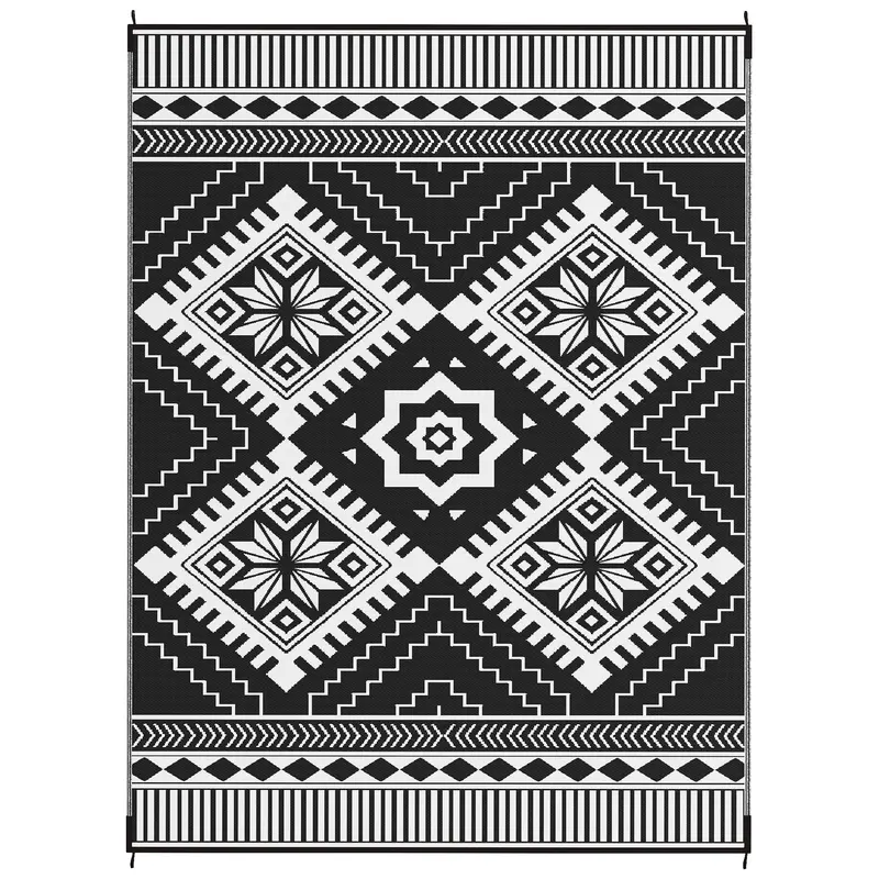 9' X 12' Patio Reversible Outdoor Rv Rug With Carry Bag, Toothed Rhombus, White & Black 2
