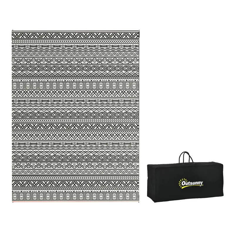 9' X 12' Reversible Mat W/ Carry Bag, Boho Waterproof Rv Rug For Backyard, Grey & White 1