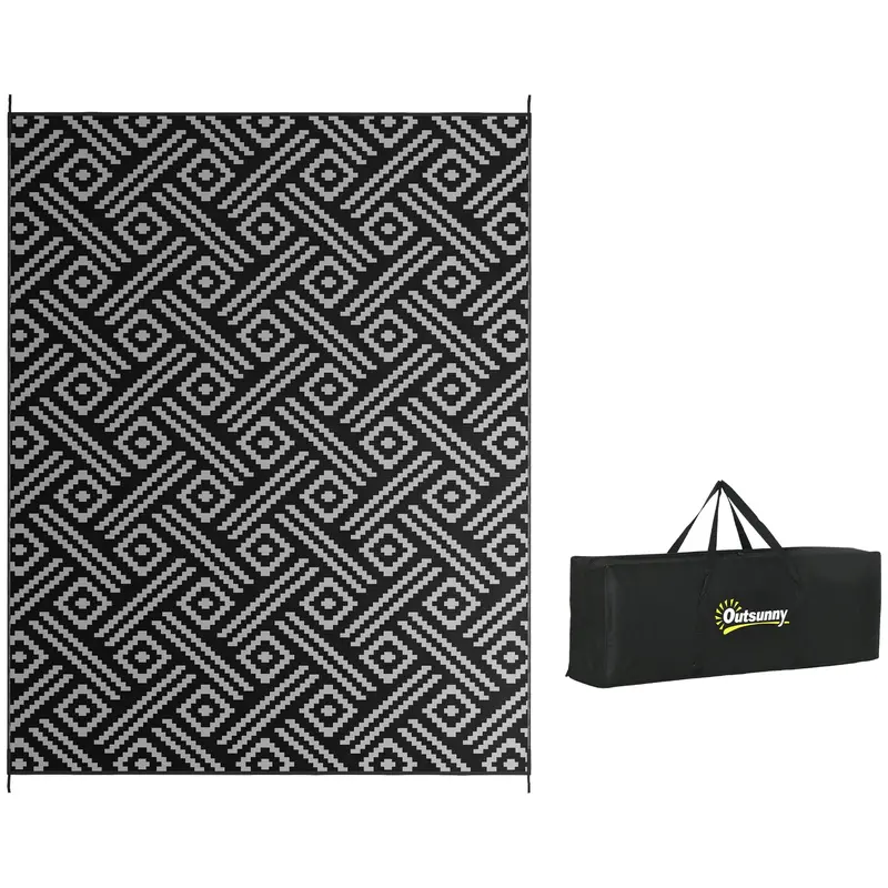 9' X 12' Reversible Mat W/ Carry Bag, Geometric Waterproof Rv Rug For Backyard, Black & Grey 1