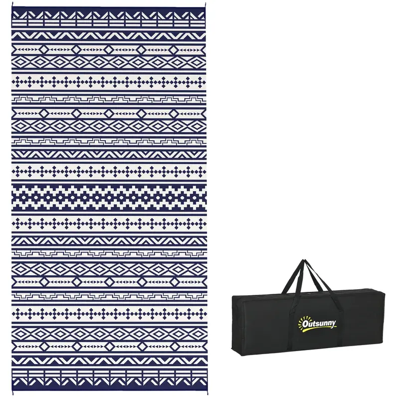9' X 18' Patio Reversible Outdoor Rv Rug With Carry Bag, Geometric Wall, White & Blue 1