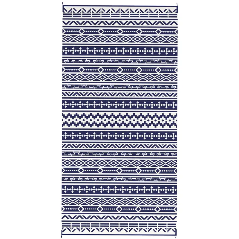 9' X 18' Patio Reversible Outdoor Rv Rug With Carry Bag, Geometric Wall, White & Blue 2