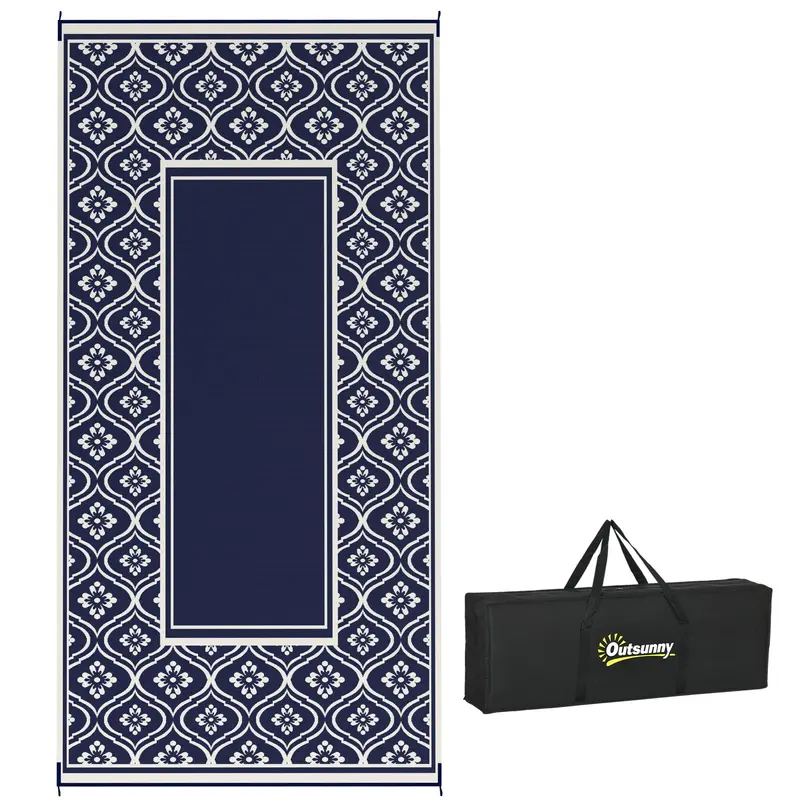 9' X 18' Patio Reversible Outdoor Rv Rug With Carry Bag, Gourd Border, White & Blue 1