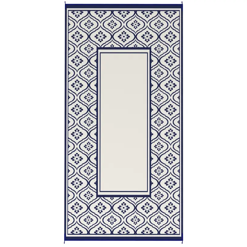9' X 18' Patio Reversible Outdoor Rv Rug With Carry Bag, Gourd Border, White & Blue 2