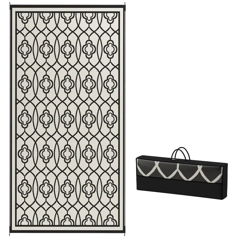 9' X 18' Patio Reversible Outdoor Rv Rug With Carry Bag, Lantern, White & Black 1