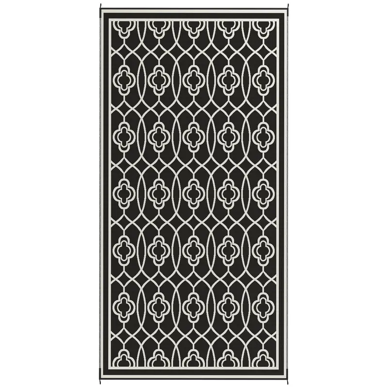 9' X 18' Patio Reversible Outdoor Rv Rug With Carry Bag, Lantern, White & Black 2