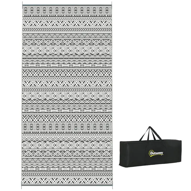 9' X 18' Reversible Mat W/ Carry Bag, Boho Waterproof Rv Rug For Backyard, Grey & White 1