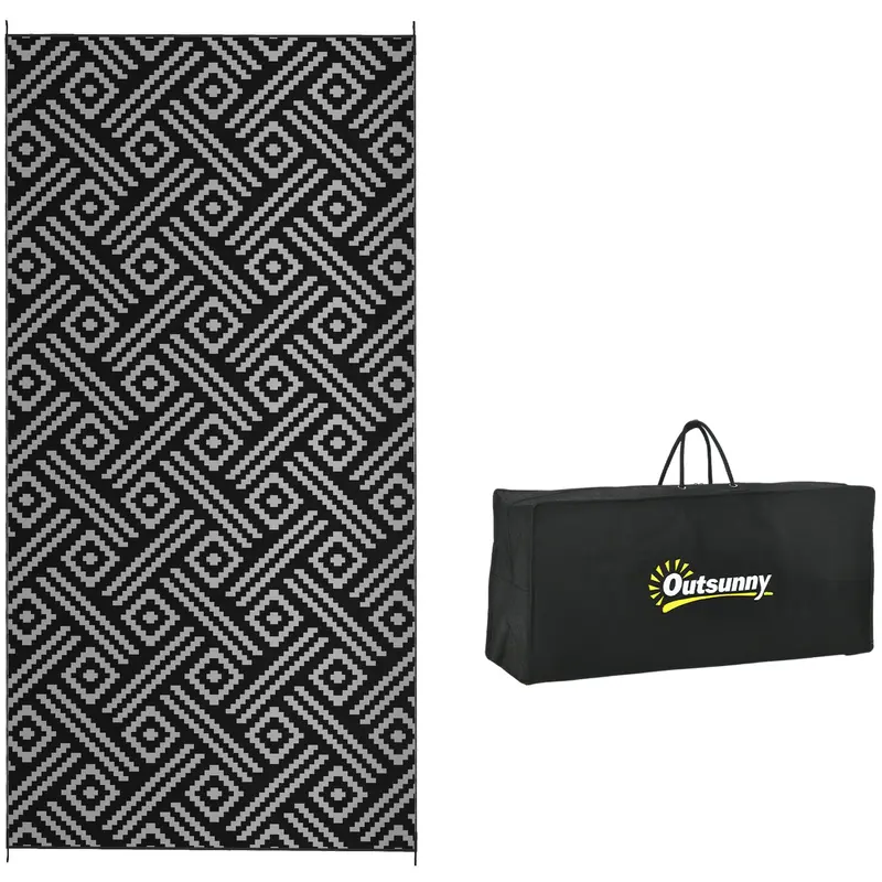 9' X 18' Reversible Mat W/ Carry Bag, Geometric Waterproof Rv Rug For Backyard, Black & Grey 1