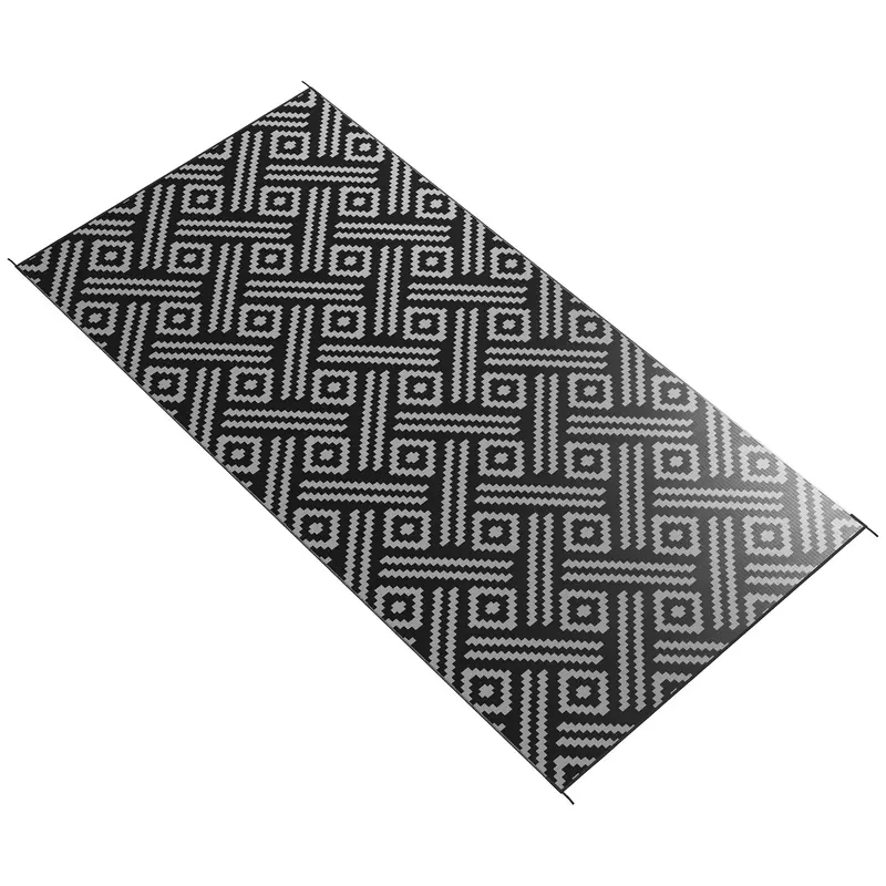 9' X 18' Reversible Mat W/ Carry Bag, Geometric Waterproof Rv Rug For Backyard, Black & Grey 2