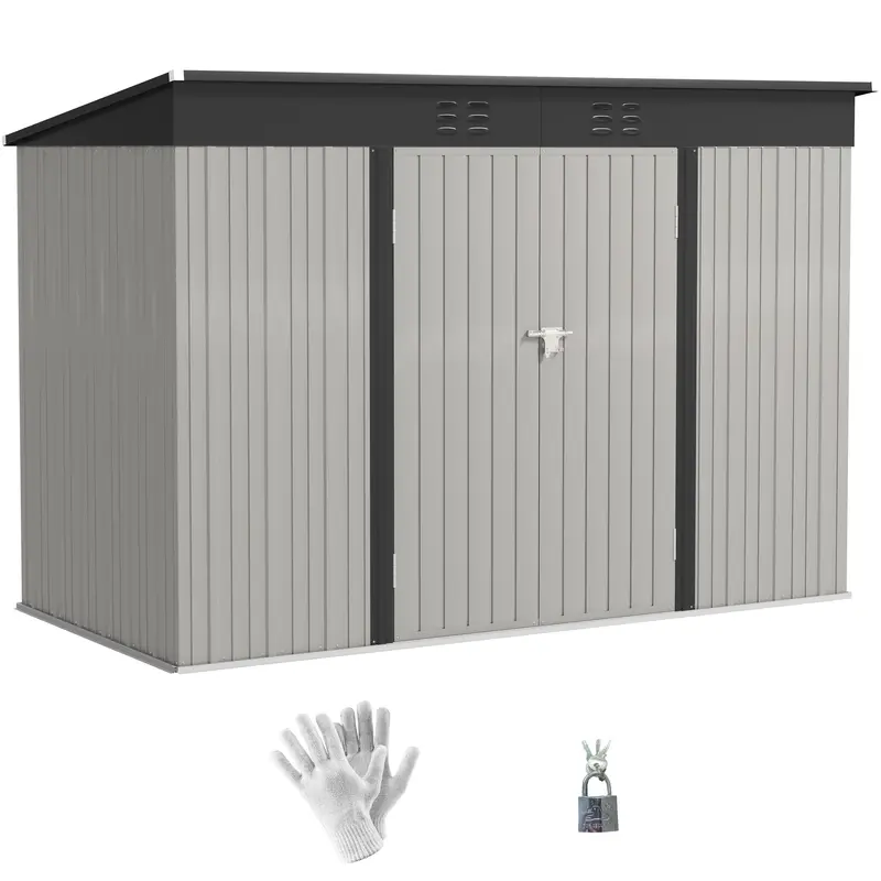 9' X 4' Galvanized Steel Storage Shed Air Vents & Wide Double Door With Lock, , Grey 1