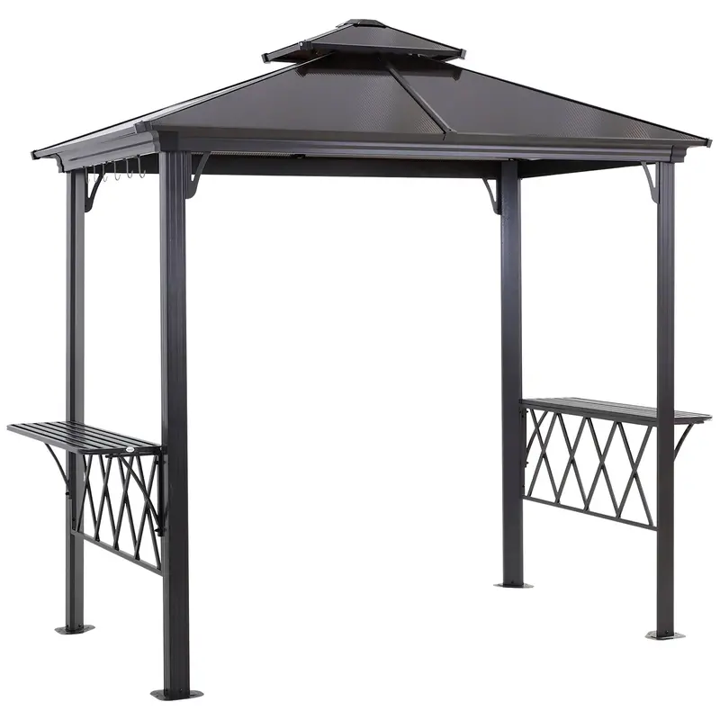 9' X 5' Hardtop Grill Gazebo With 2-Tier Polycarbonate Roof, Shelves & Hooks, Black/Coffee 1