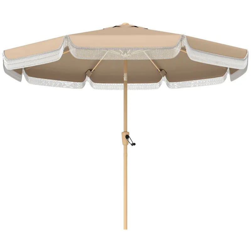 9Ft Fringed Patio Umbrella With Push Button Tilt And Crank, Khaki 1